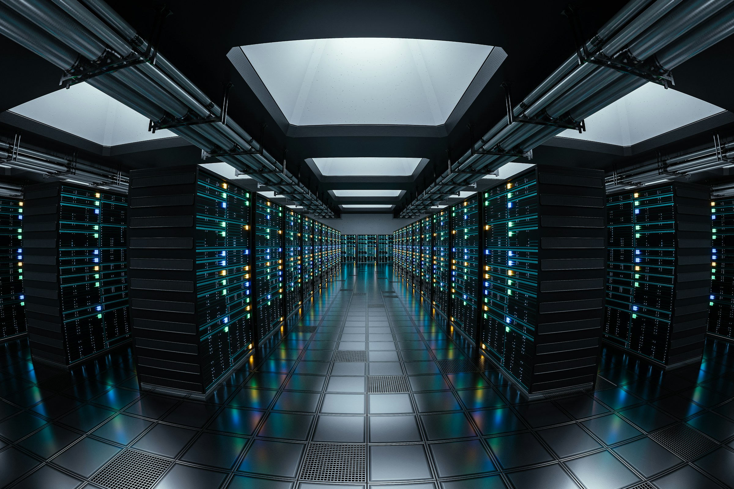 A modern data-center hall, rows of illuminated server racks receding to a lit far wall.